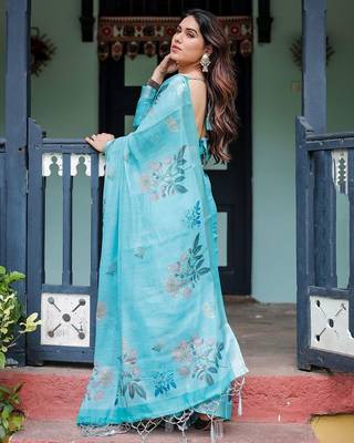 Blue floral printed  linen saree 2