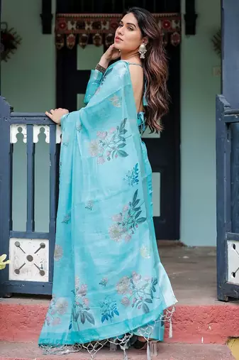 Blue floral printed  linen saree