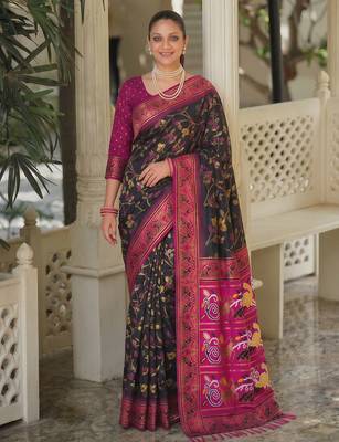 black & rani pink pochampally soft saree for women | festive party traditional wear 4
