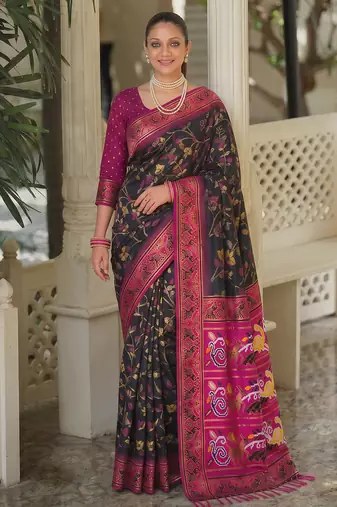 black & rani pink pochampally soft saree for women | festive party traditional wear