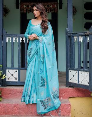 Blue floral printed  linen saree 3