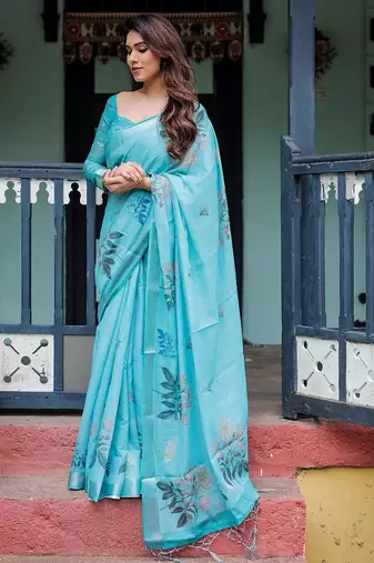 Blue floral printed  linen saree