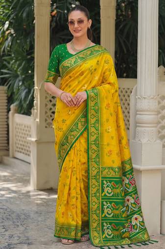 yellow & green pochampally soft saree for women | festive haldi traditional wear