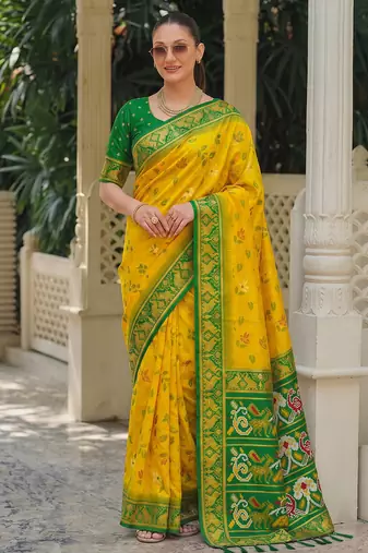 yellow & green pochampally soft saree for women | festive haldi traditional wear