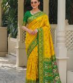 yellow & green pochampally soft saree for women | festive haldi traditional wear