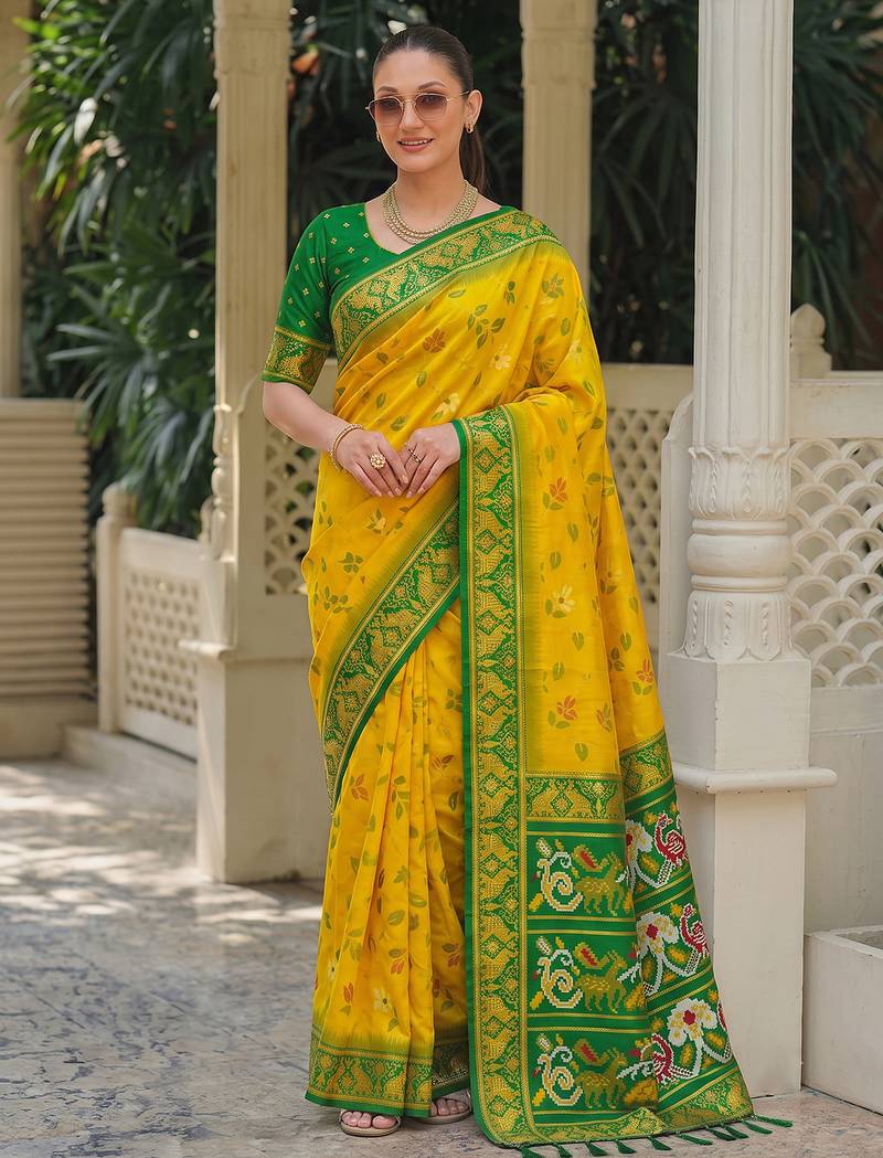 yellow & green pochampally soft saree for women | festive haldi traditional wear