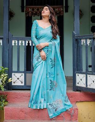 Blue floral printed  linen saree 4