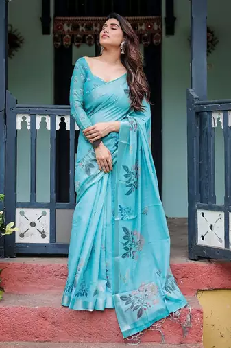 Blue floral printed  linen saree