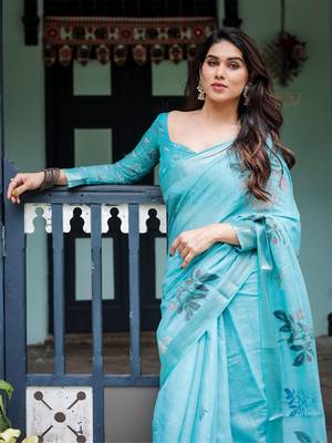 Blue floral printed  linen saree 5