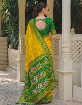 yellow & green pochampally soft saree for women | festive haldi traditional wear 2
