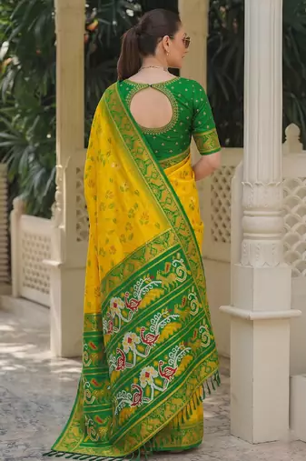 yellow & green pochampally soft saree for women | festive haldi traditional wear