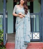 Grey floral printed zari  linen saree