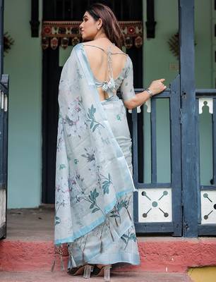 Grey floral printed zari  linen saree 2
