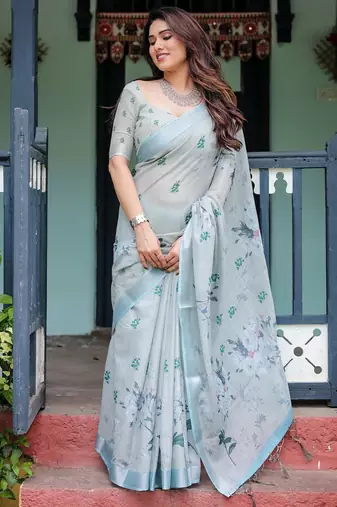 Grey floral printed zari  linen saree