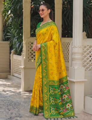 yellow & green pochampally soft saree for women | festive haldi traditional wear 3