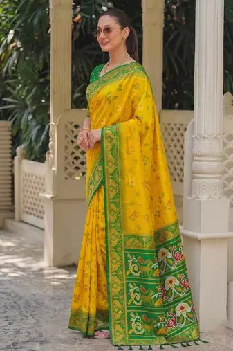 yellow & green pochampally soft saree for women | festive haldi traditional wear