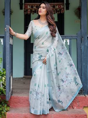 Grey floral printed zari  linen saree 4