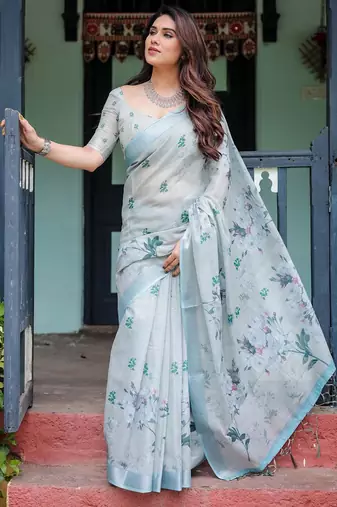 Grey floral printed zari  linen saree