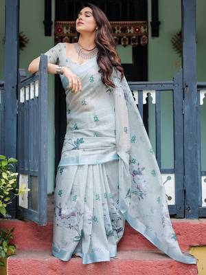 Grey floral printed zari  linen saree 5