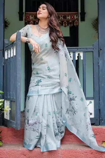 Grey floral printed zari  linen saree