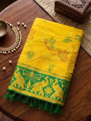 yellow & green pochampally soft saree for women | festive haldi traditional wear 4