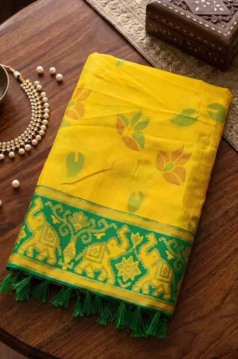 yellow & green pochampally soft saree for women | festive haldi traditional wear