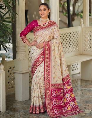off white & rani pink pochampally soft saree for women | festive traditional wear 1
