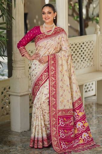 off white & rani pink pochampally soft saree for women | festive traditional wear