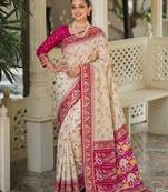 off white & rani pink pochampally soft saree for women | festive traditional wear