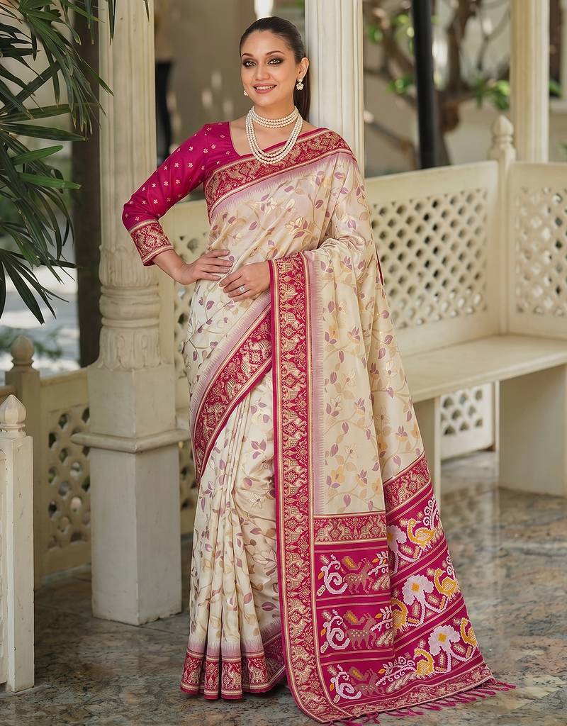 off white & rani pink pochampally soft saree for women | festive traditional wear