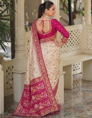 off white & rani pink pochampally soft saree for women | festive traditional wear 2