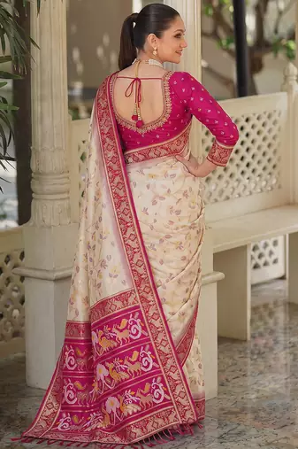 off white & rani pink pochampally soft saree for women | festive traditional wear