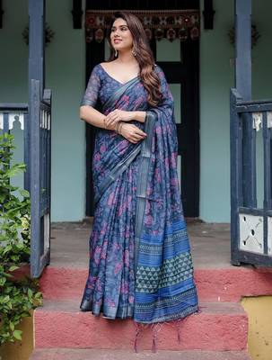 Blue floral printed  linen saree 1