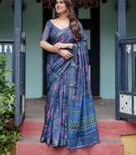 Blue floral printed  linen saree