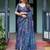 Blue floral printed  linen saree