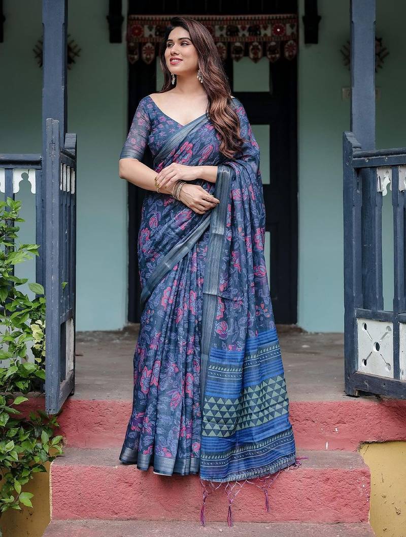 Blue floral printed  linen saree