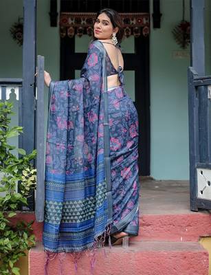 Blue floral printed  linen saree 2