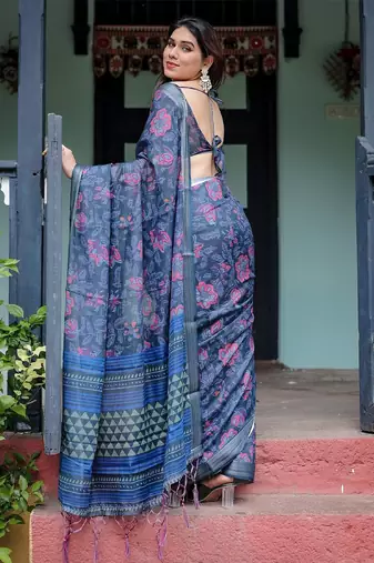 Blue floral printed  linen saree