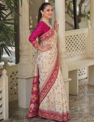 off white & rani pink pochampally soft saree for women | festive traditional wear 3