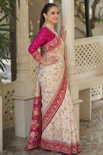 off white & rani pink pochampally soft saree for women | festive traditional wear