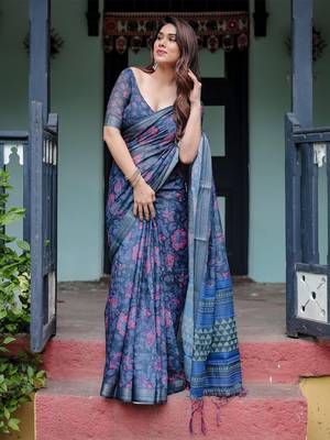 Blue floral printed  linen saree 3