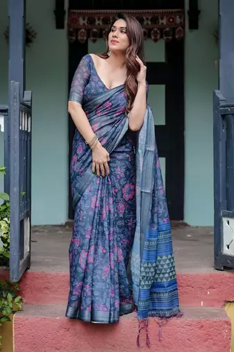 Blue floral printed  linen saree