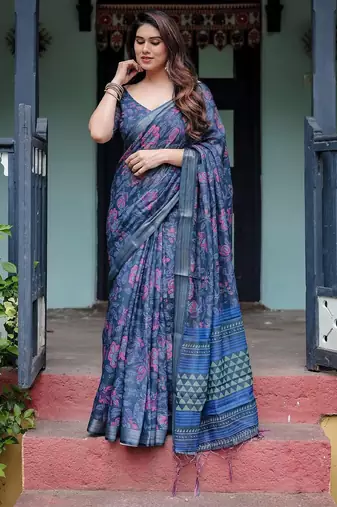 Blue floral printed  linen saree
