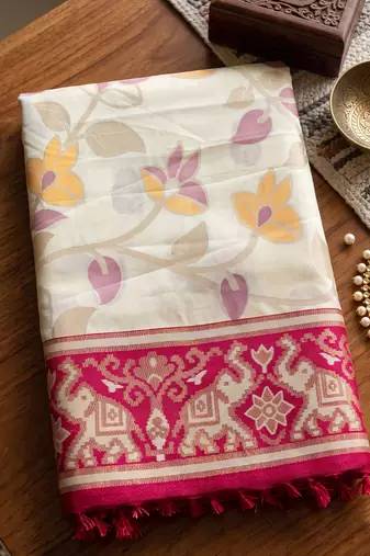 off white & rani pink pochampally soft saree for women | festive traditional wear