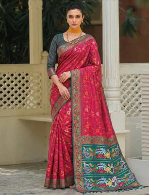 rani pink & teal blue pochampally soft saree for women | festive traditional wear 1