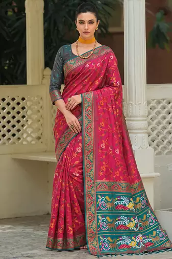 rani pink & teal blue pochampally soft saree for women | festive traditional wear