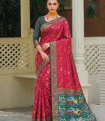 rani pink & teal blue pochampally soft saree for women | festive traditional wear