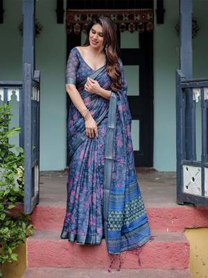 Blue floral printed  linen saree 5