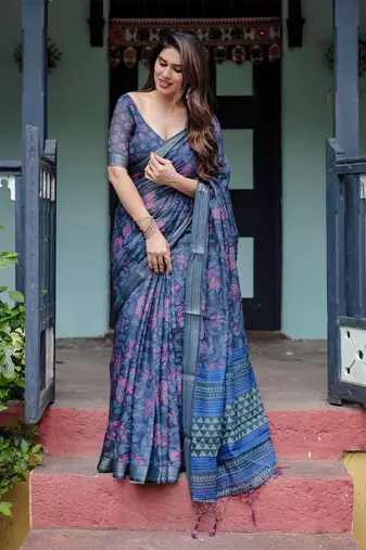 Blue floral printed  linen saree
