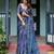 Blue floral printed  linen saree